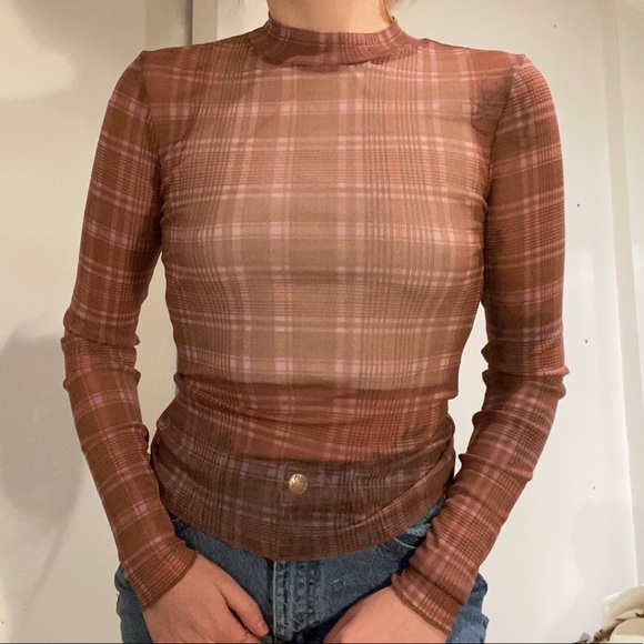*NWT* Urban Outfitters mesh long-sleeve plaid top - Picture 6 of 6